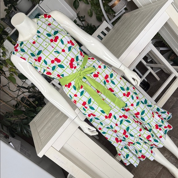 Sleeveless White Cherry Print Midi Dress Green Waistband NWOT XL 50/60s vibes - Picture 10 of 15